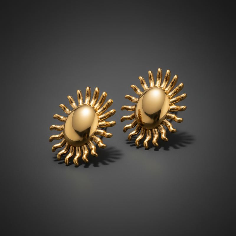 Pair of gold sun-shaped earrings on a white background_ZoarasVogue