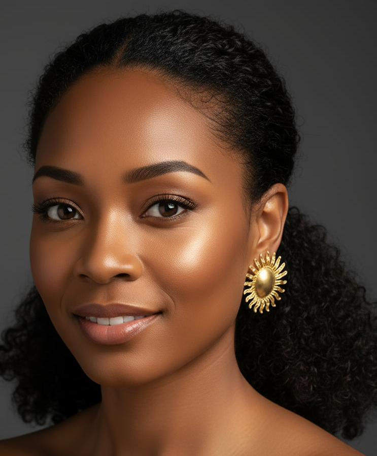 Pair of gold sun-shaped earrings on a white background_ZoarasVogue