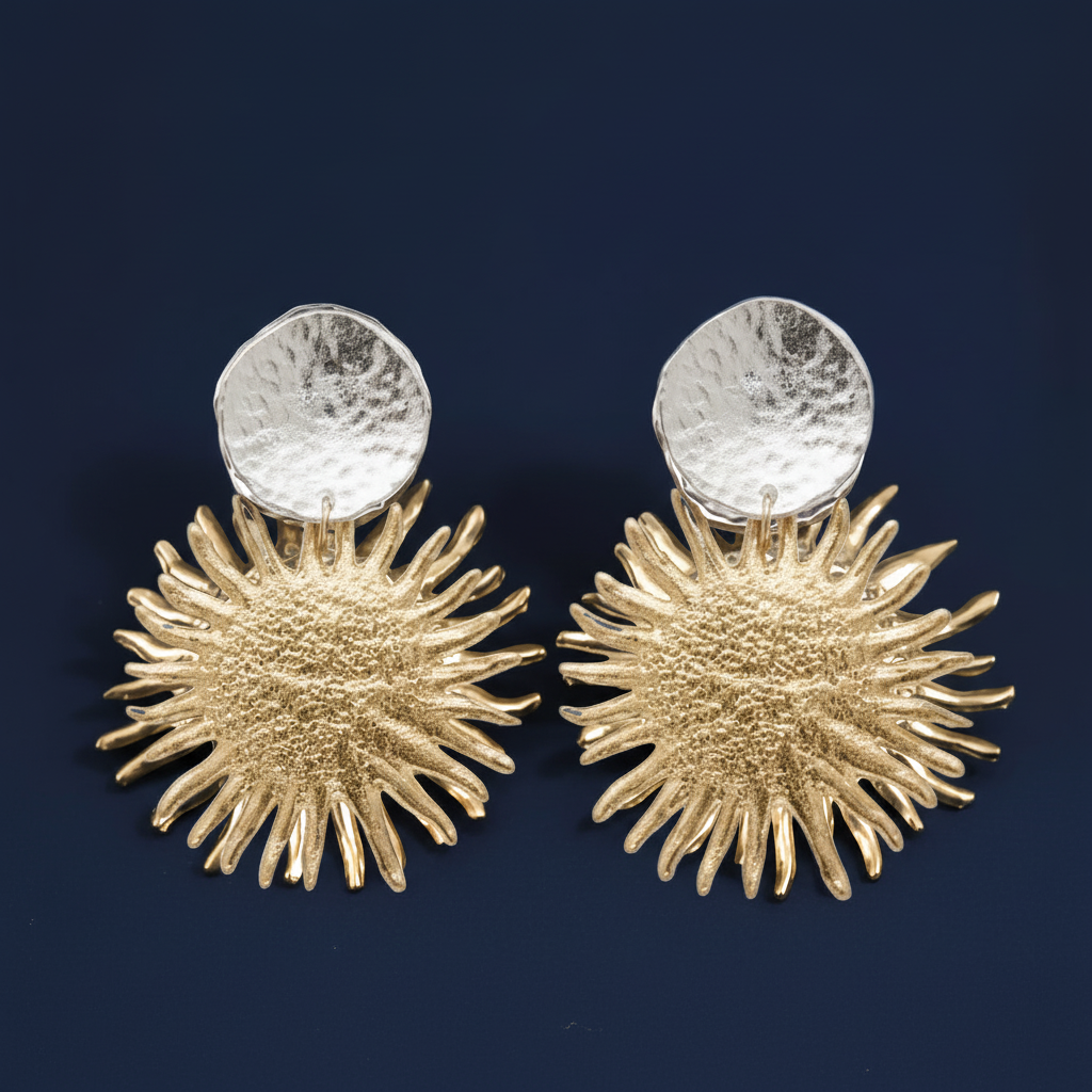 Gold sunburst earrings on a dark blue background