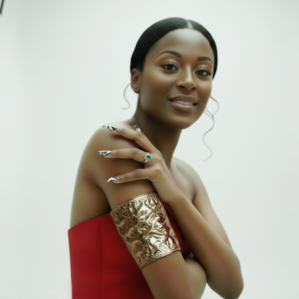 Model wearing a red garment with gold arm band 