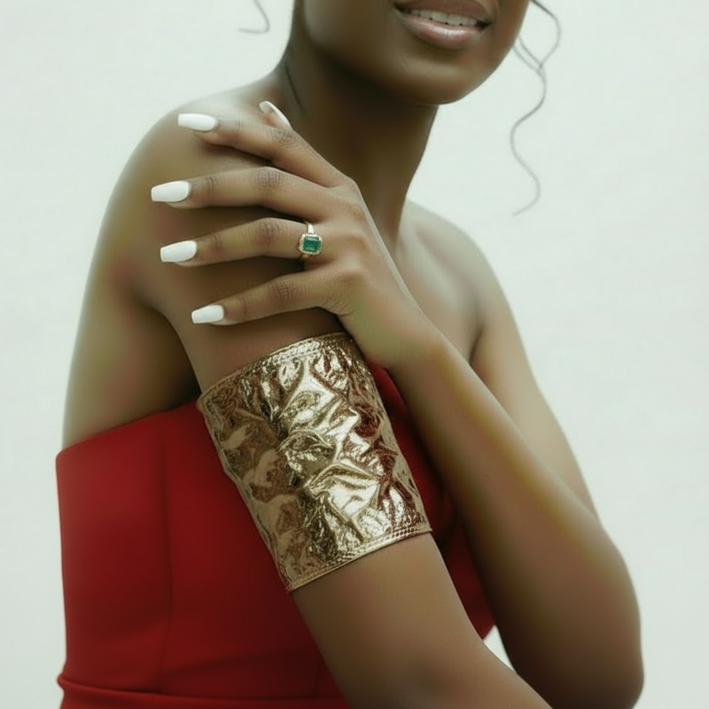 Model wearing a gold arm band and red garment with a plain background