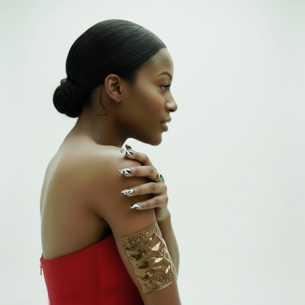 Woman with gold arm sleeve and red dress 