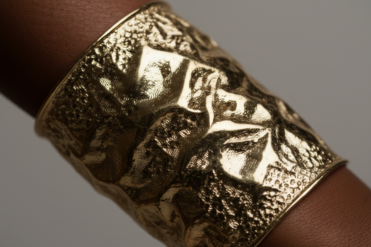 Gold textured bracelet on a wrist with a gray background