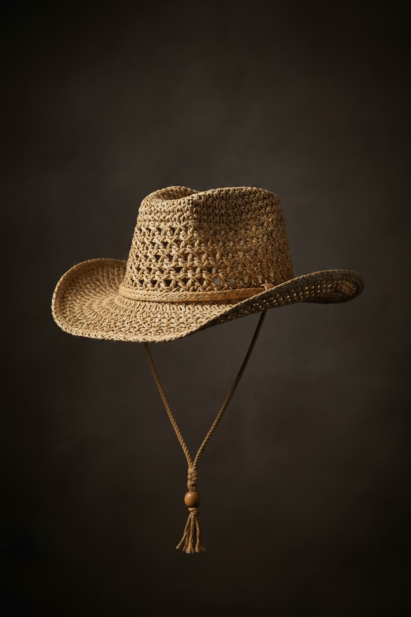A studio display of the ZoharasVogue Soleil Weave Sun Hat, showcasing its luxurious basket-weave straw pattern, wide 4-inch brim, and elegant structured silhouette.