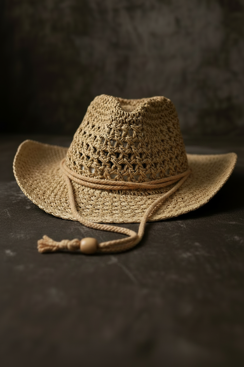 A studio display of the ZoharasVogue Soleil Weave Sun Hat, showcasing its luxurious basket-weave straw pattern, wide 4-inch brim, and elegant structured silhouette.