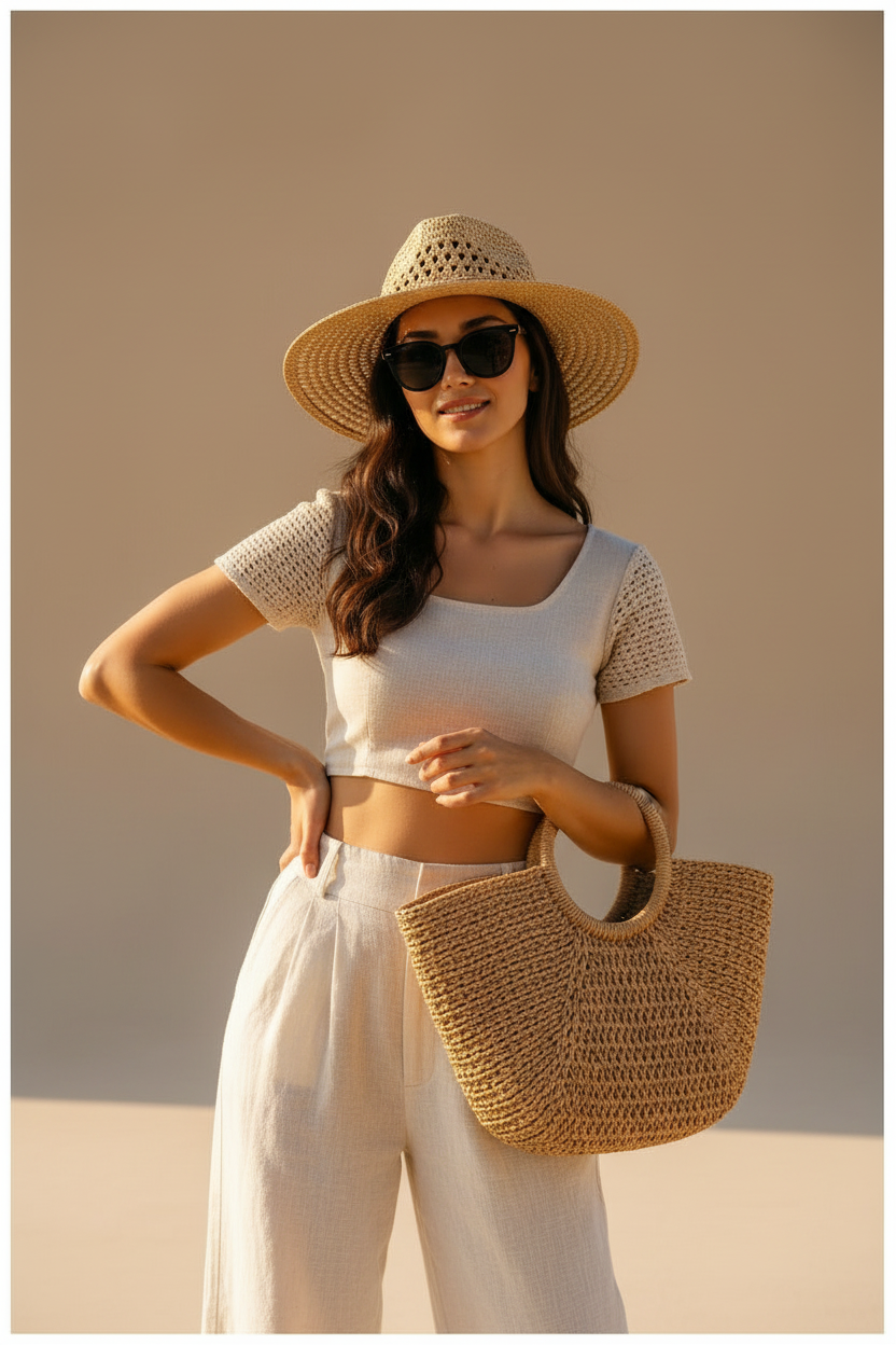 A studio display of the ZoharasVogue Soleil Weave Sun Hat, showcasing its luxurious basket-weave straw pattern, wide 4-inch brim, and elegant structured silhouette.