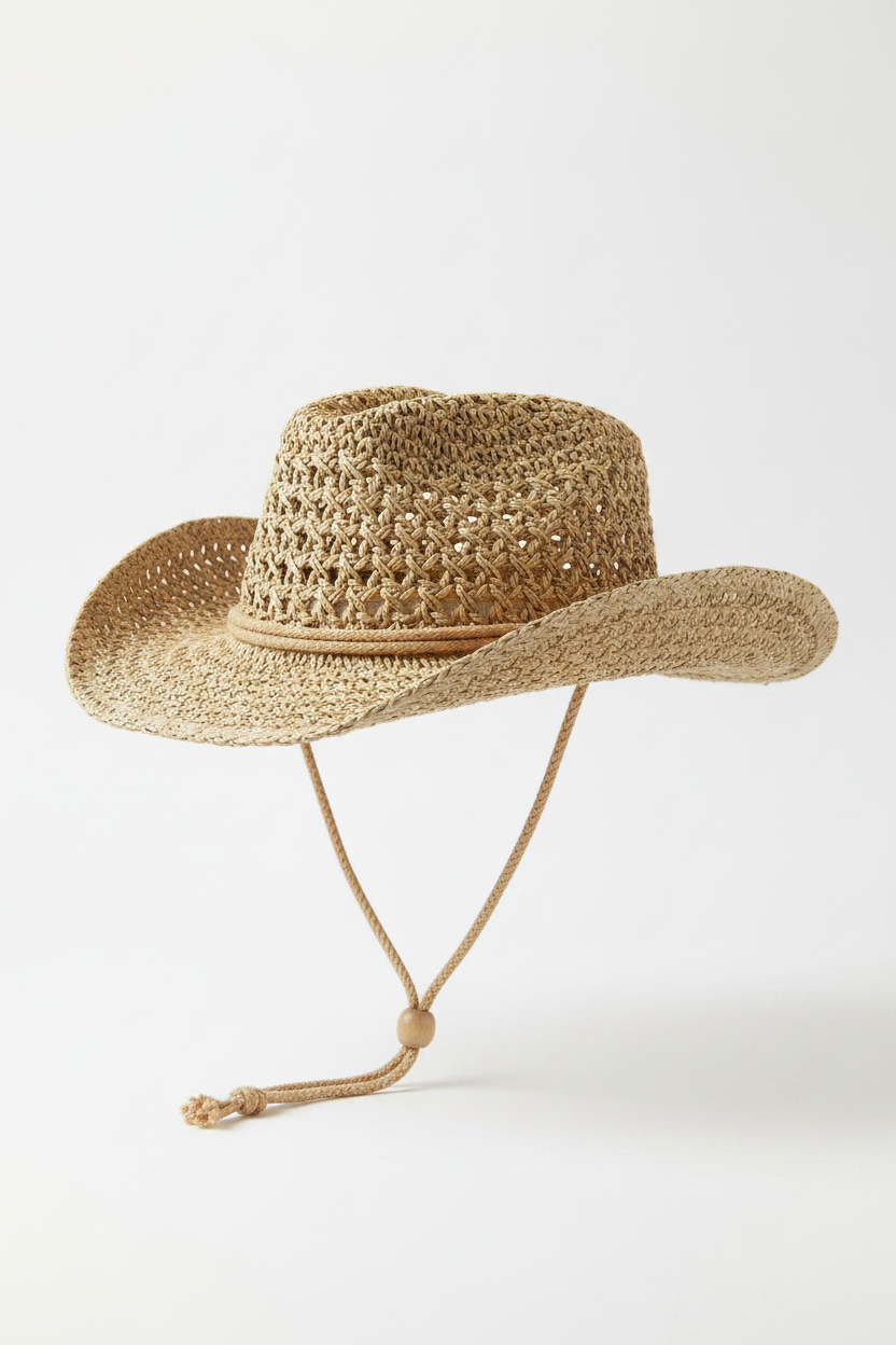 A studio display of the ZoharasVogue Soleil Weave Sun Hat, showcasing its luxurious basket-weave straw pattern, wide 4-inch brim, and elegant structured silhouette.