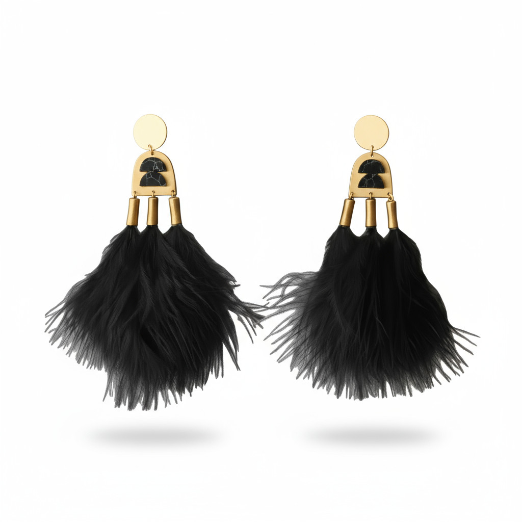 Close-up of Soli & Sun Midnight Current Earrings showing brass arc and black feather details.