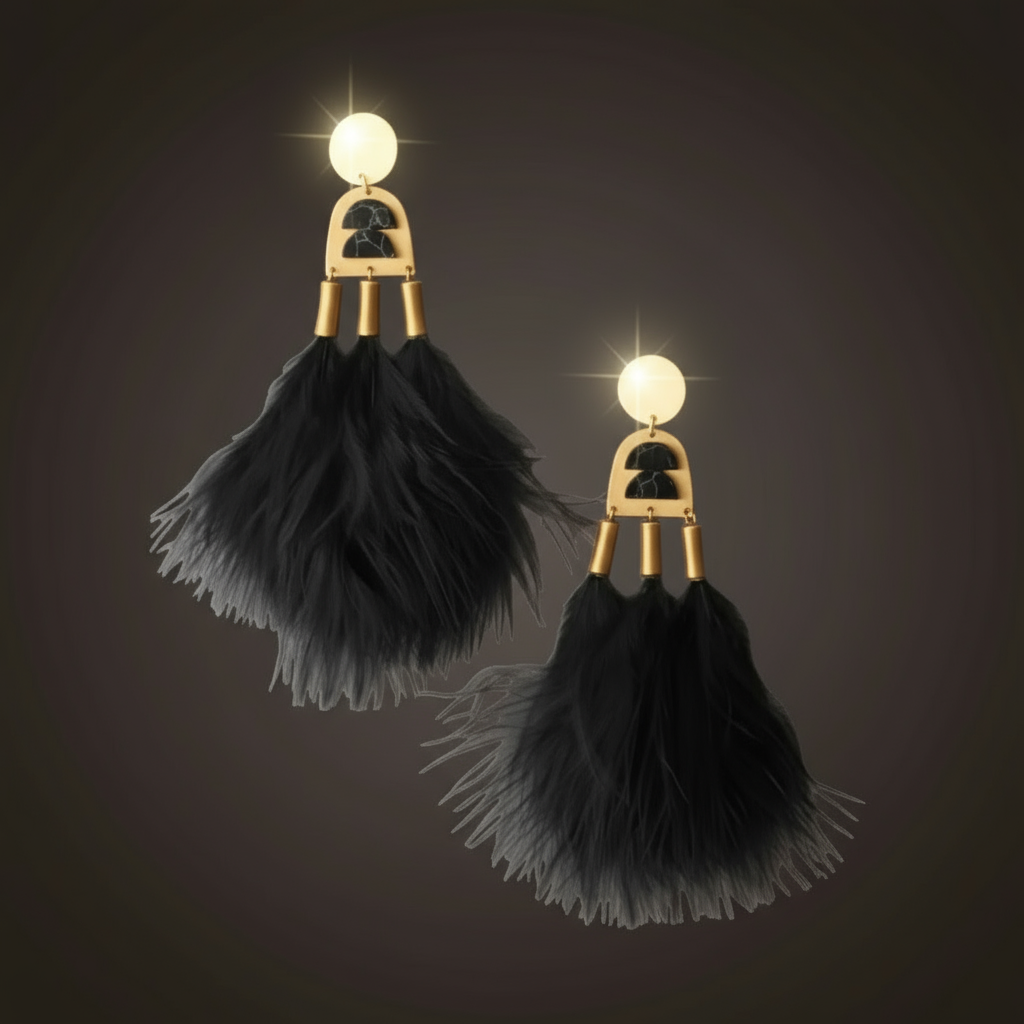Close-up of Soli & Sun Midnight Current Earrings showing brass arc and black feather details.