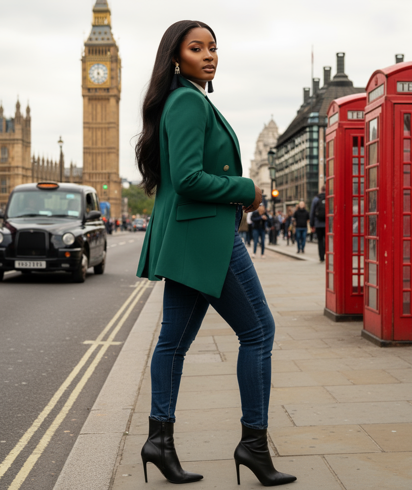 Woman in a green coat standing on a London street with Big Ben in the background. ZoharasVogue 