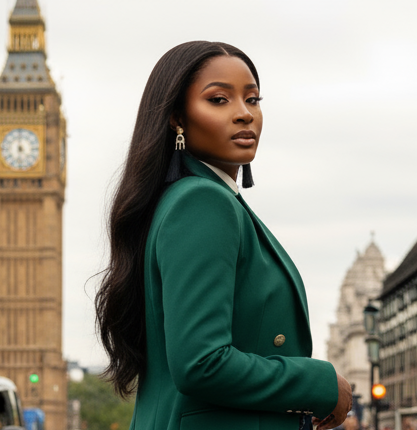 Woman in a green coat standing in front of Big Ben, London. ZoharasVogue 