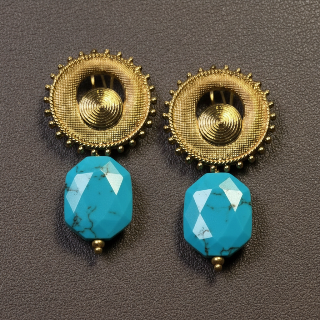 Solstice Eclipse Stone Earrings Gold earrings with turquoise beads on a white background_ZoharasVogue