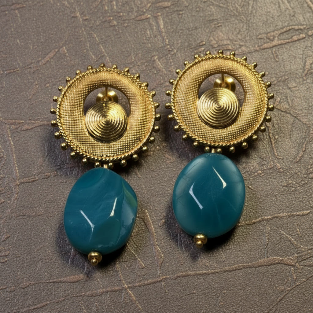 Solstice Eclipse Stone Earrings Gold earrings with teal beads on a white background_ZoharasVogue