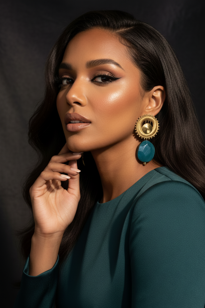 Model in a teal dress with large Solstice Eclipse Stone Earrings against a dark background