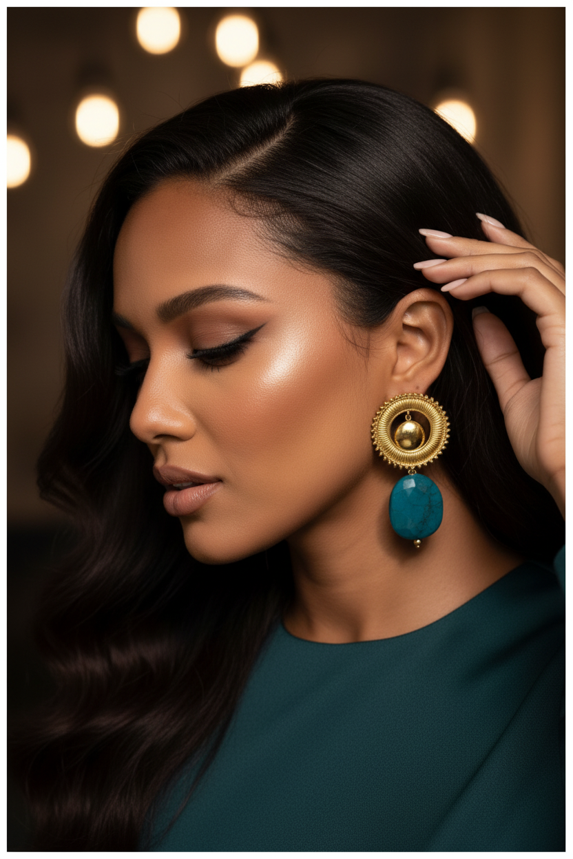 Model wearing gold and turquoise Solstice Eclipse Stone Earrings with a blurred background