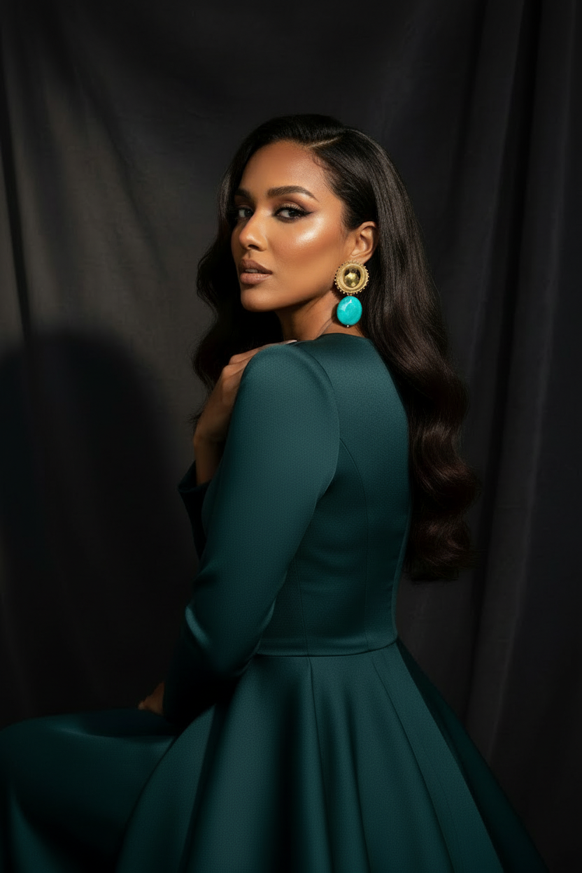 Solstice Eclipse Stone Earrings model in a teal dress with large earrings against a dark background_ZoharasVogue