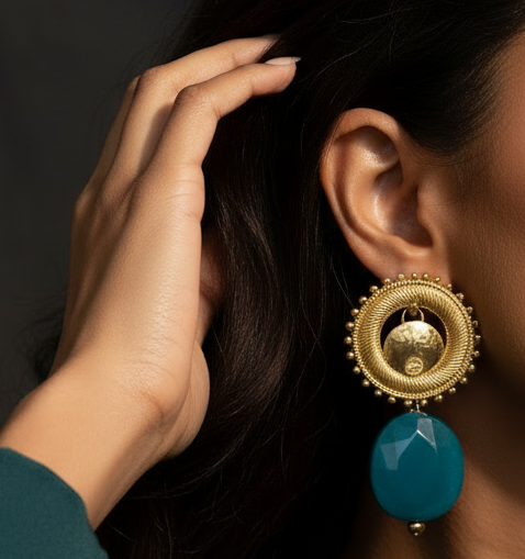 Solstice Eclipse Stone Earrings model wearing a gold earring with a blue drop against a dark background_ZoharasVogue