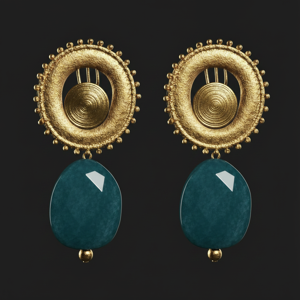 Model in a teal dress with large Solstice Eclipse Stone Earrings against a dark background
