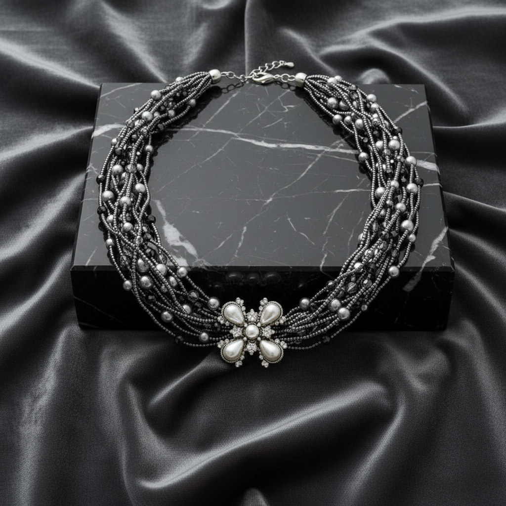 Soraya Bloom Collar™ Necklace with multiple strands and a central pearl on a black marble box against a satin background 
