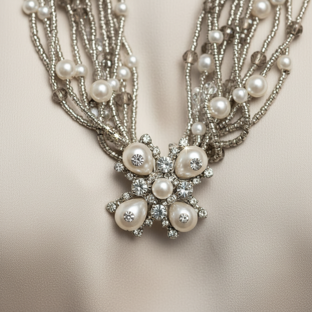 Necklace with pearls and crystals on a neutral background