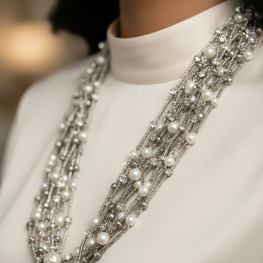 Close-up of a layered pearl necklace on a blurred background Soraya Bloom Collar™ Necklace_Zoharas Vogue