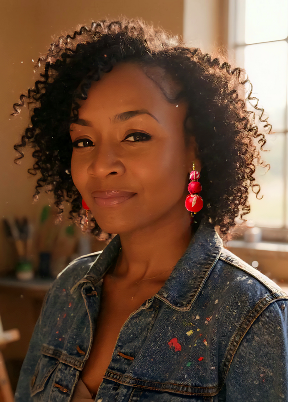 Close-up of handcrafted pink beaded earrings made from recycled sari fabric and wood, hanging against a neutral background