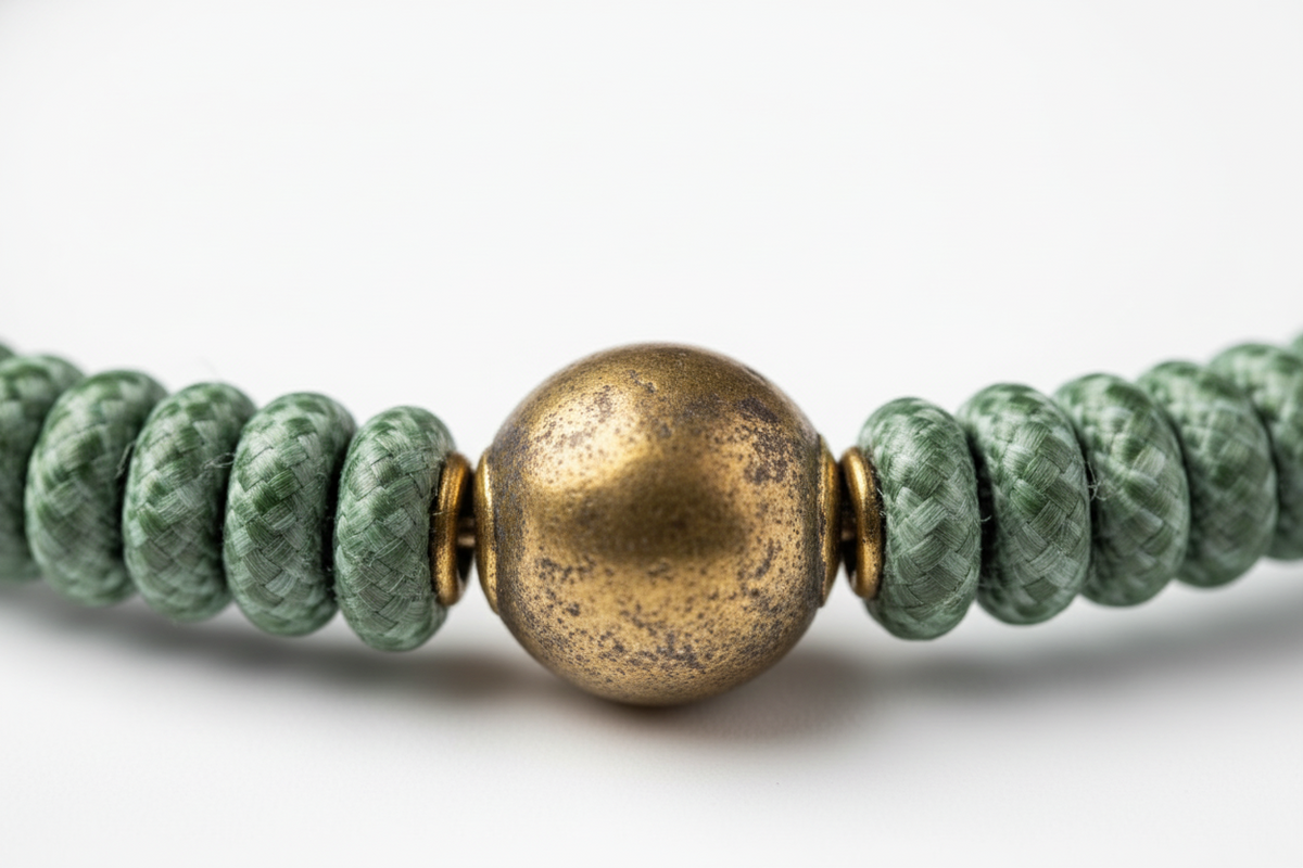 Handcrafted emerald green speckled glass bead necklace with brass accents and antique brass toggle closure.