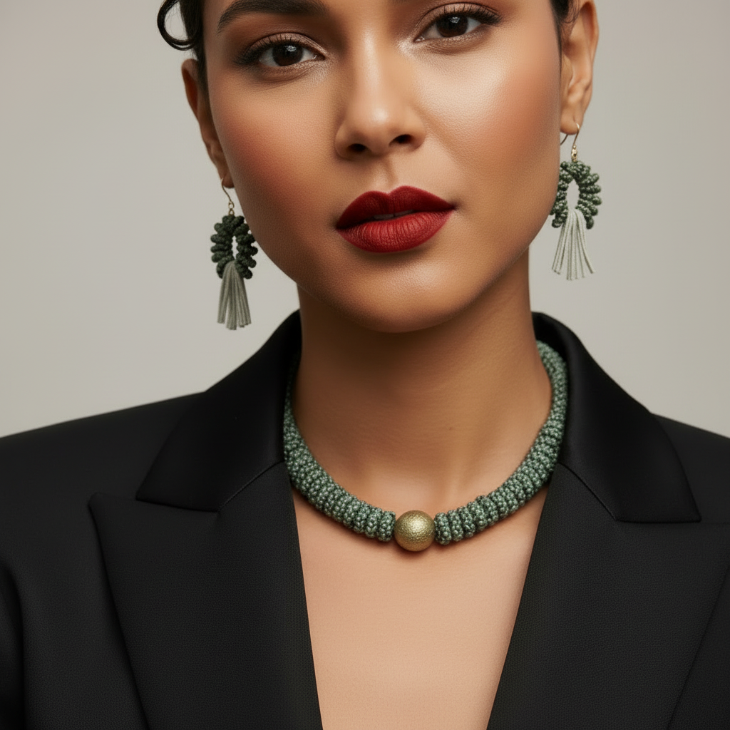 MOdel wearing green jewelry with a neutral background_ZoharasVogue