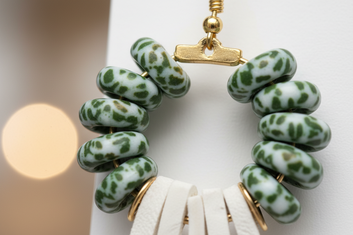 A Pair of earrings with green and white patterned beads on a blurred background_ZoharasVogue