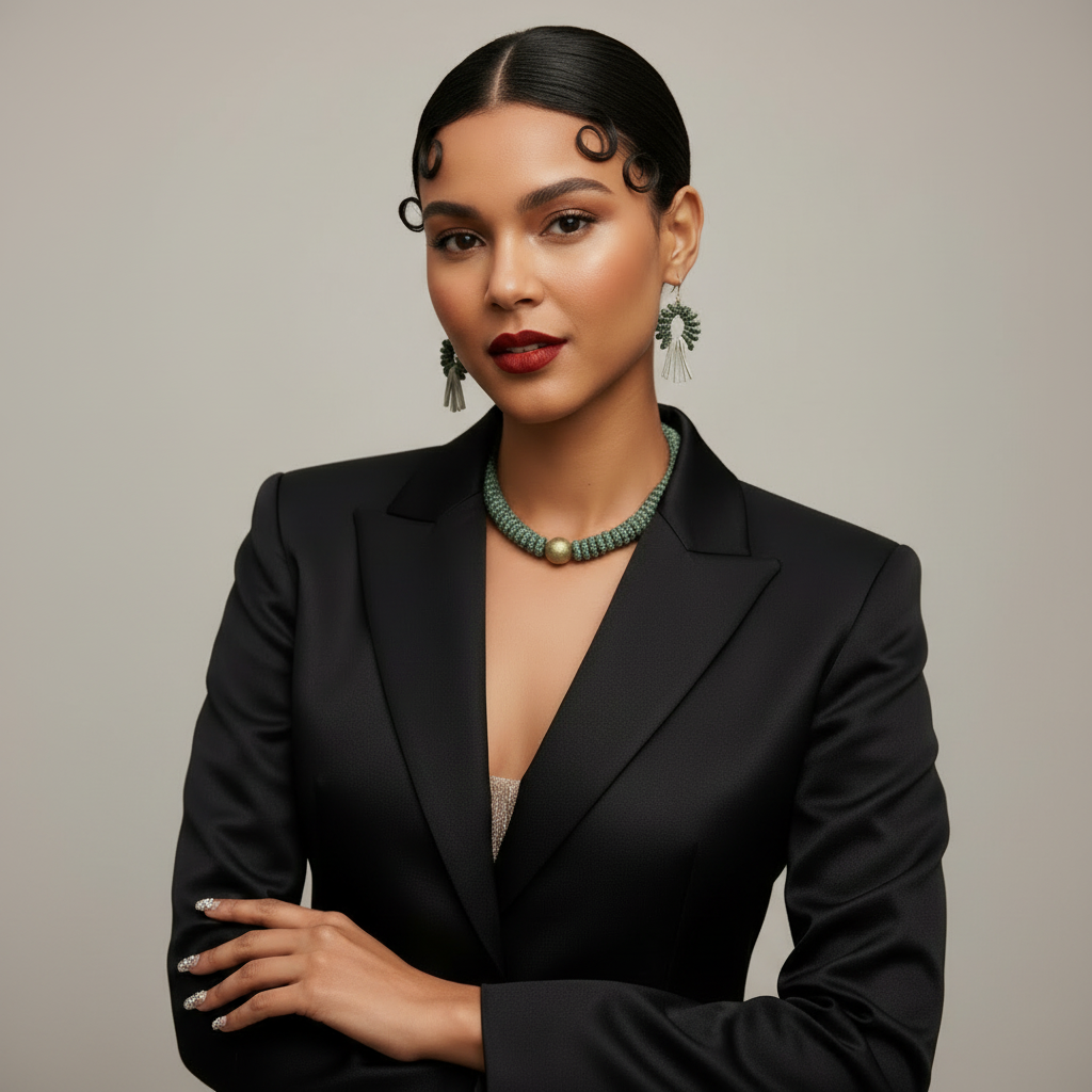 A model wearing a black blazer with a green necklace against a neutral background_ZoharasVogue