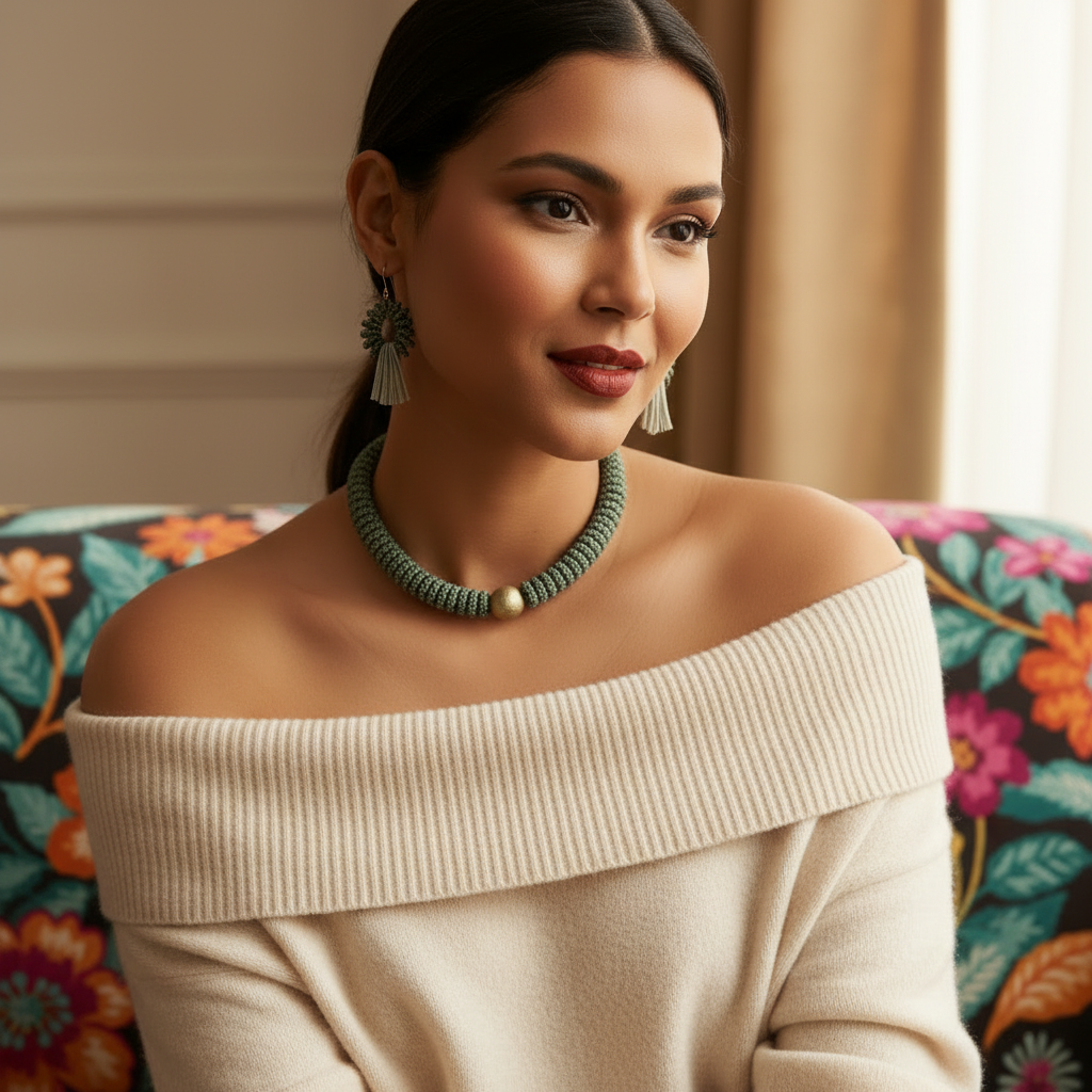 The model wearing a beige off-shoulder sweater and green necklace, sitting on a colorful floral-patterned couch_ZoharasVogue