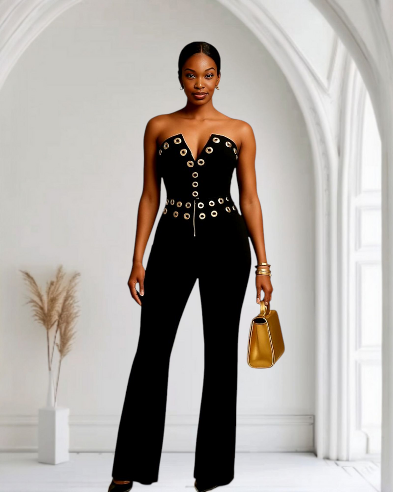 Znaiml Off Shoulder Strapless V-Neck Crop Top and Flared Pants Matching Set in Black – Elegant 2-Piece Party Outfit for Women