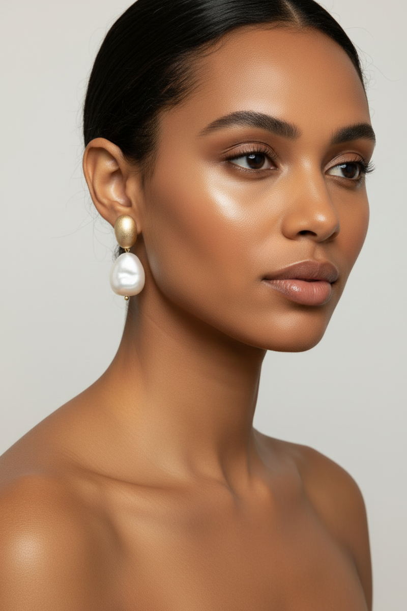 A pair of drop earrings with a matte gold oval top and a large, teardrop-shaped marbled cream stone hanging below, displayed on a beige textured background. ZoharasVogue