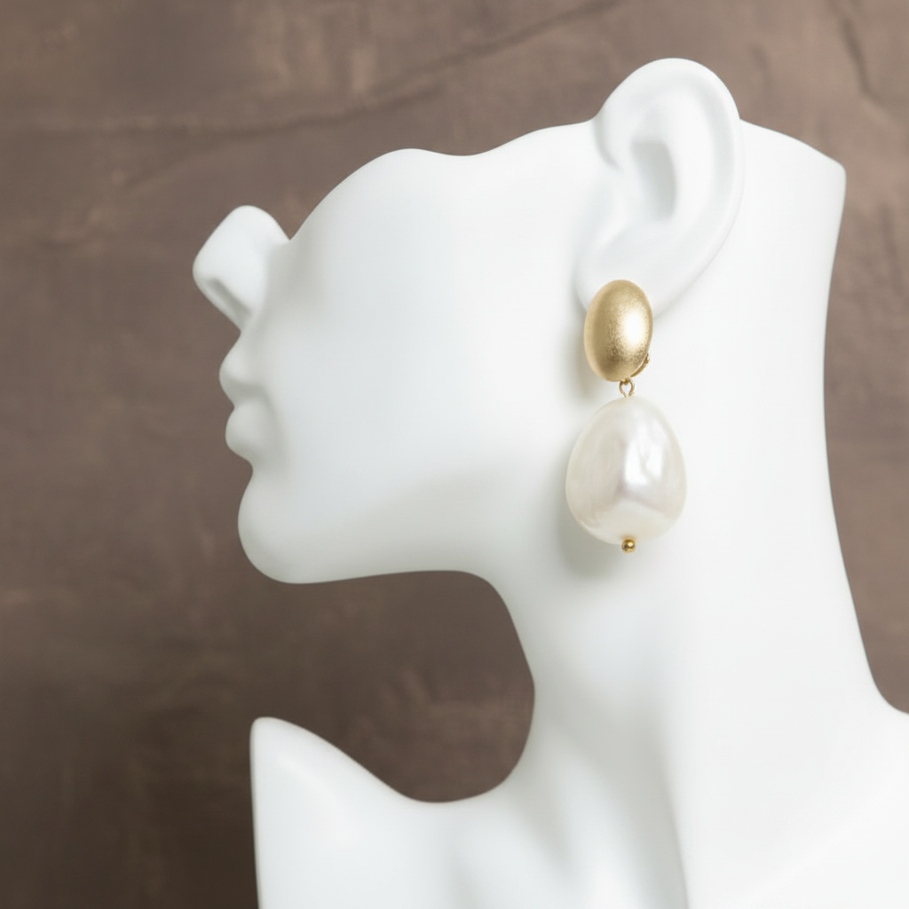 A pair of drop earrings with a matte gold oval top and a large, teardrop-shaped marbled cream stone hanging below, displayed on a beige textured background. ZoharasVogue