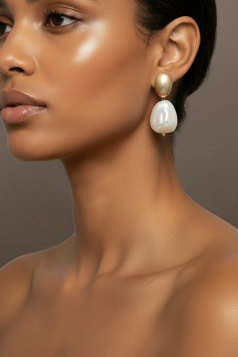 A pair of drop earrings with a matte gold oval top and a large, teardrop-shaped marbled cream stone hanging below, displayed on a beige textured background. ZoharasVogue