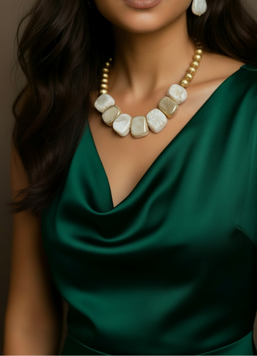 A chunky collar-style necklace featuring alternating matte gold nuggets and smooth, irregular marbled cream stones, resting on a white tufted surface. ZoharasVogue
