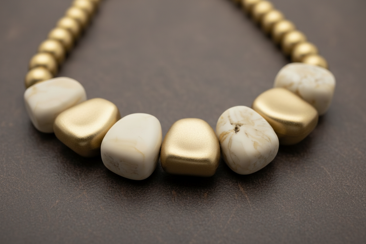 A chunky collar-style necklace featuring alternating matte gold nuggets and smooth, irregular marbled cream stones, resting on a white tufted surface. ZoharasVogue