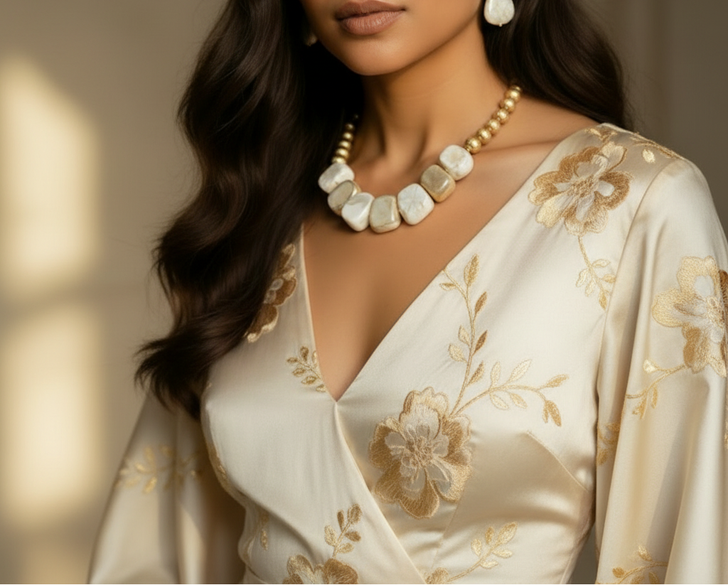 A chunky collar-style necklace featuring alternating matte gold nuggets and smooth, irregular marbled cream stones, resting on a white tufted surface. ZoharasVogue