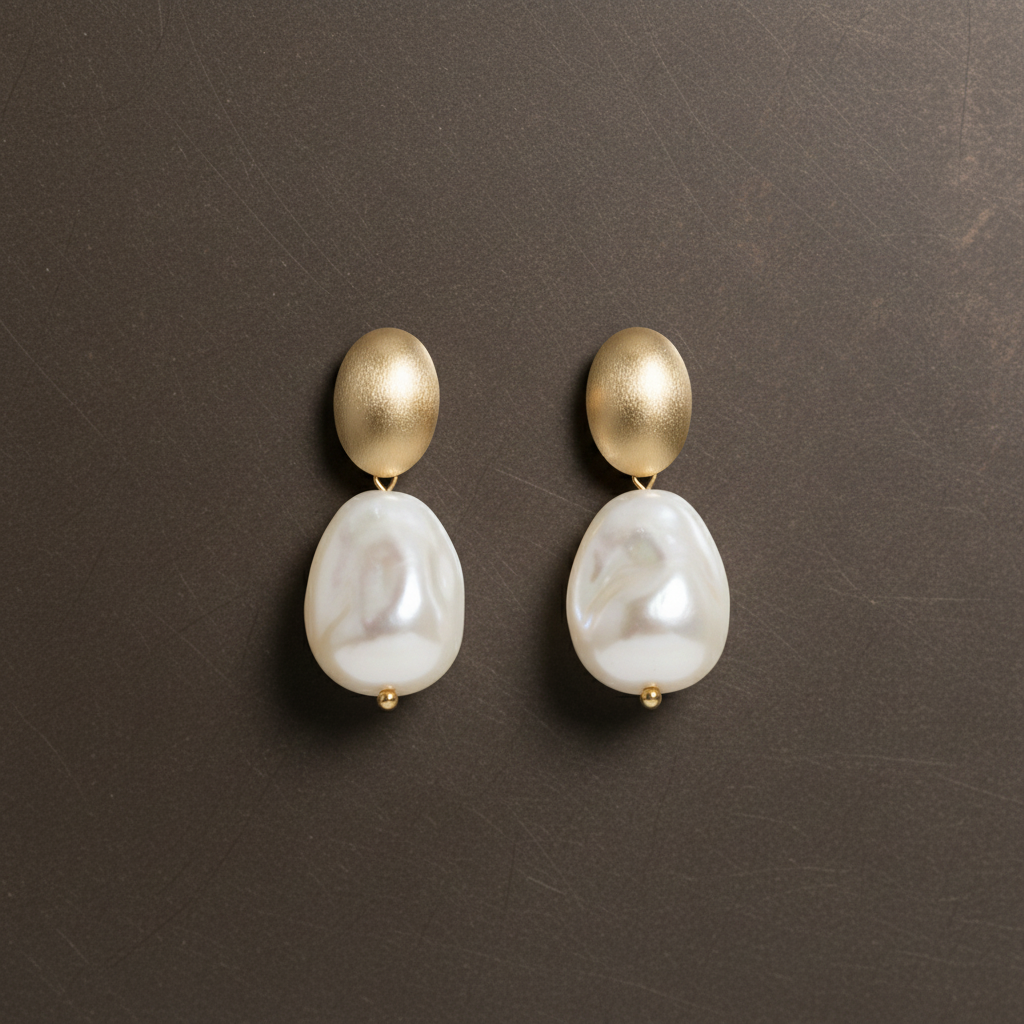 A pair of drop earrings with a matte gold oval top and a large, teardrop-shaped marbled cream stone hanging below, displayed on a beige textured background. ZoharasVogue