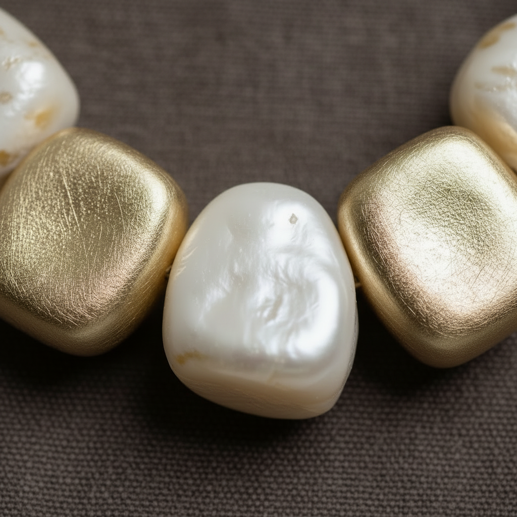 A chunky collar-style necklace featuring alternating matte gold nuggets and smooth, irregular marbled cream stones, resting on a white tufted surface. ZoharasVogue