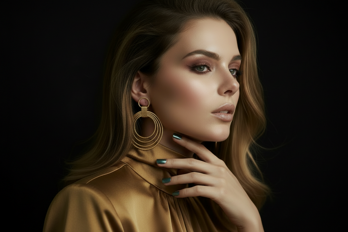 Close-up of a woman wearing gold hoop earrings with a dark background