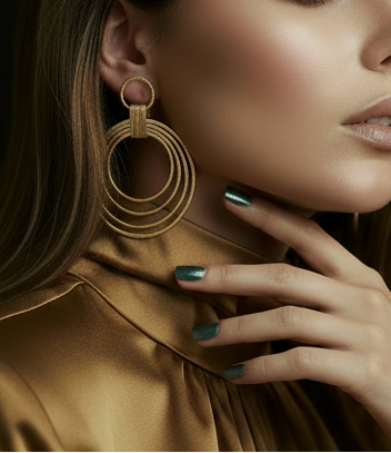 Close-up of a woman wearing gold hoop earrings with a dark background