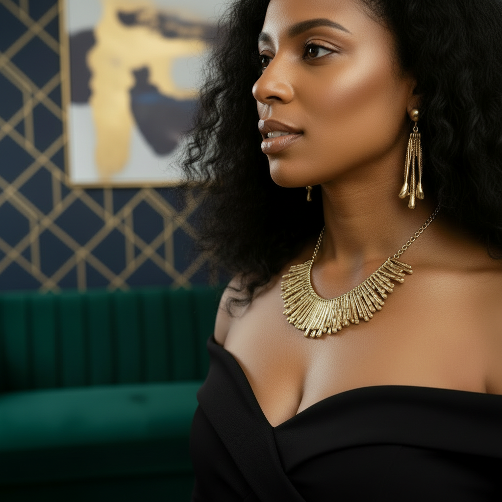 Model wearing gold jewelry in a room with green sofa and decorative wall_ZoharasVogue