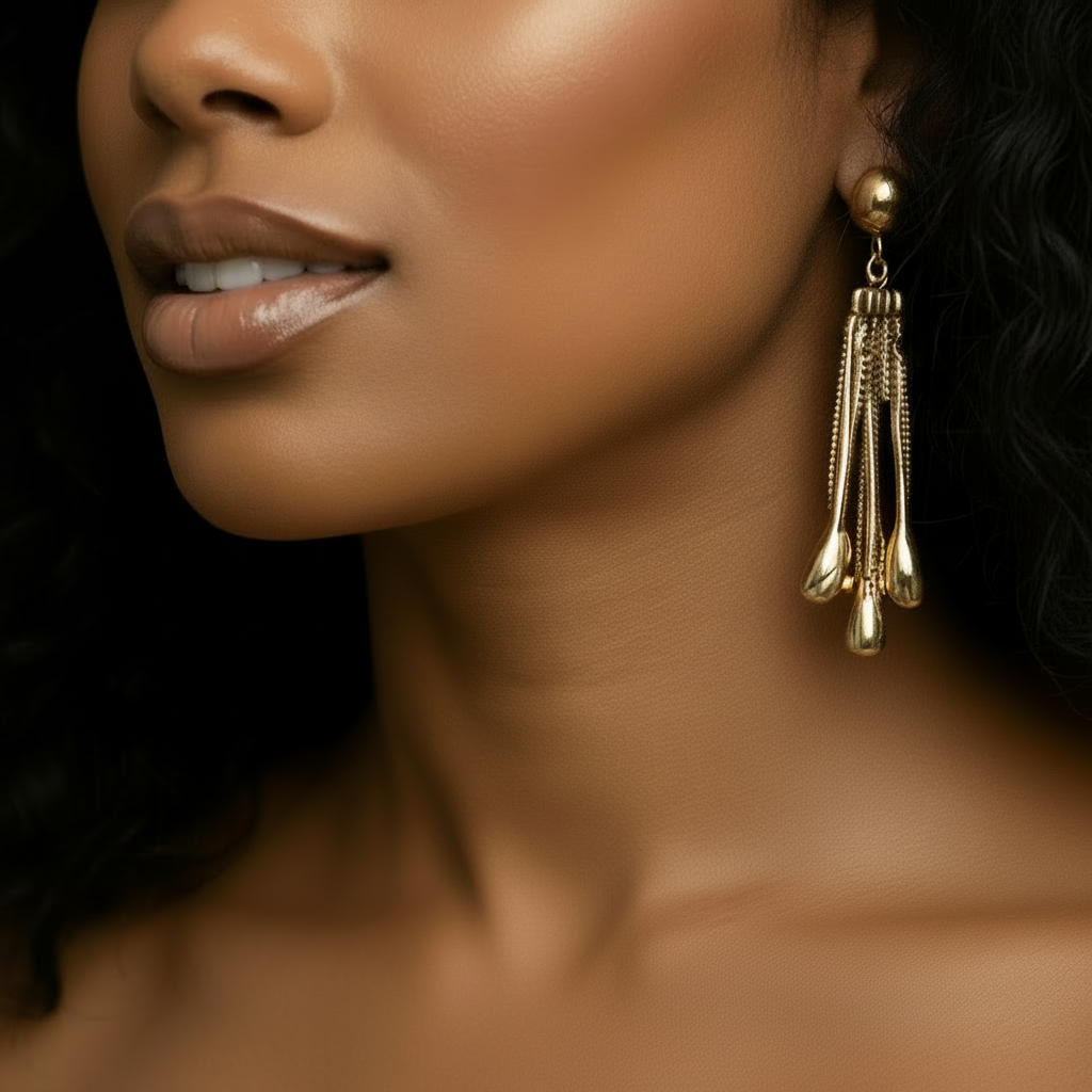 Model wearing a gold necklace and earrings with a blurred background