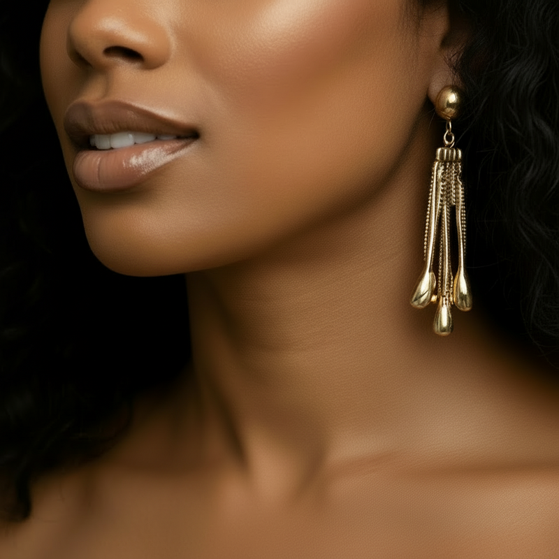Model wearing a gold necklace and earrings with a blurred background
