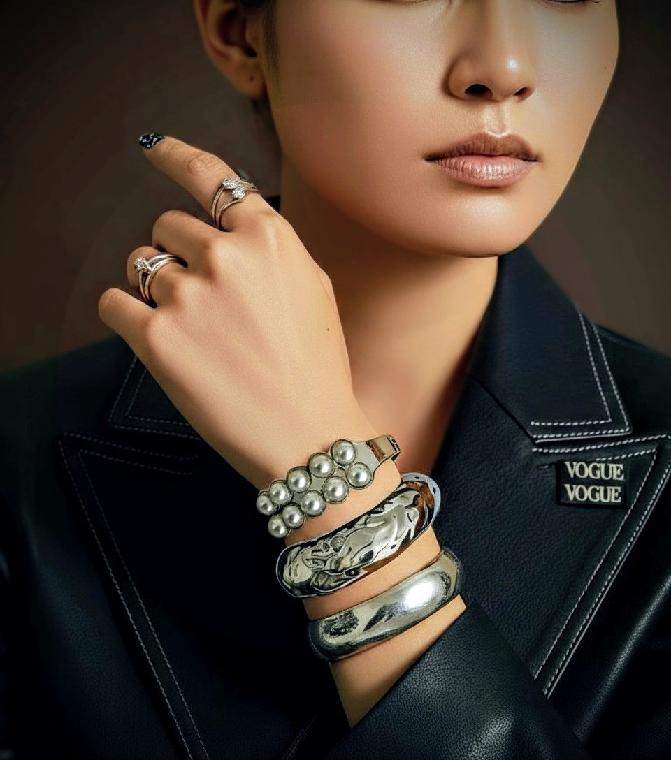 Ayesha Mood Cuff — geometric gold bracelet with pearl details and open adjustable design. ZoharasVogue