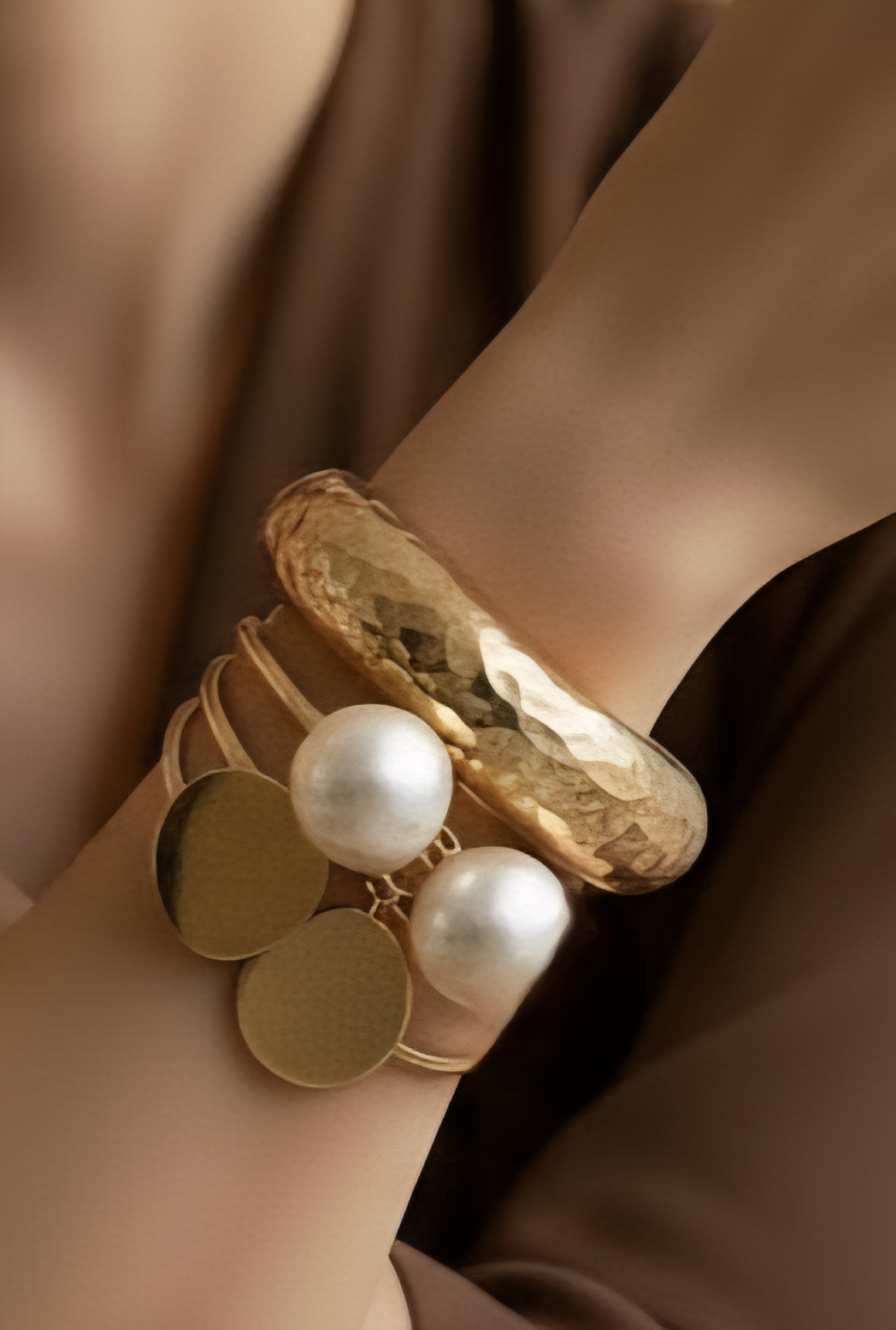 Ayesha Mood Cuff — geometric gold bracelet with pearl details and open adjustable design. ZoharasVogue