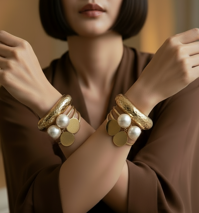 Ayesha Mood Cuff — geometric gold bracelet with pearl details and open adjustable design. ZoharasVogue