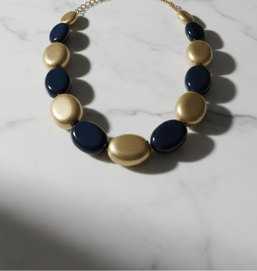 The Dior Statement Necklace displayed on a marble surface, showing the alternating black and gold sculptural beads.-ZoharasVogue