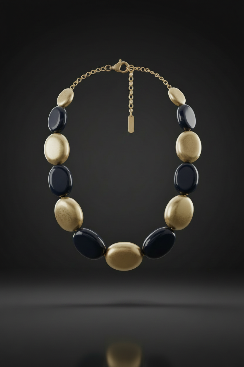The Dior Statement Necklace displayed on a marble surface, showing the alternating black and gold sculptural beads.-ZoharasVogue